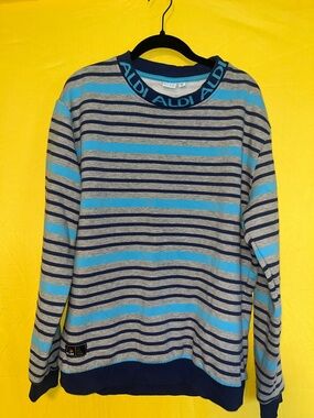 ALDI Mens Blue & Gray Striped Crewneck Sweater